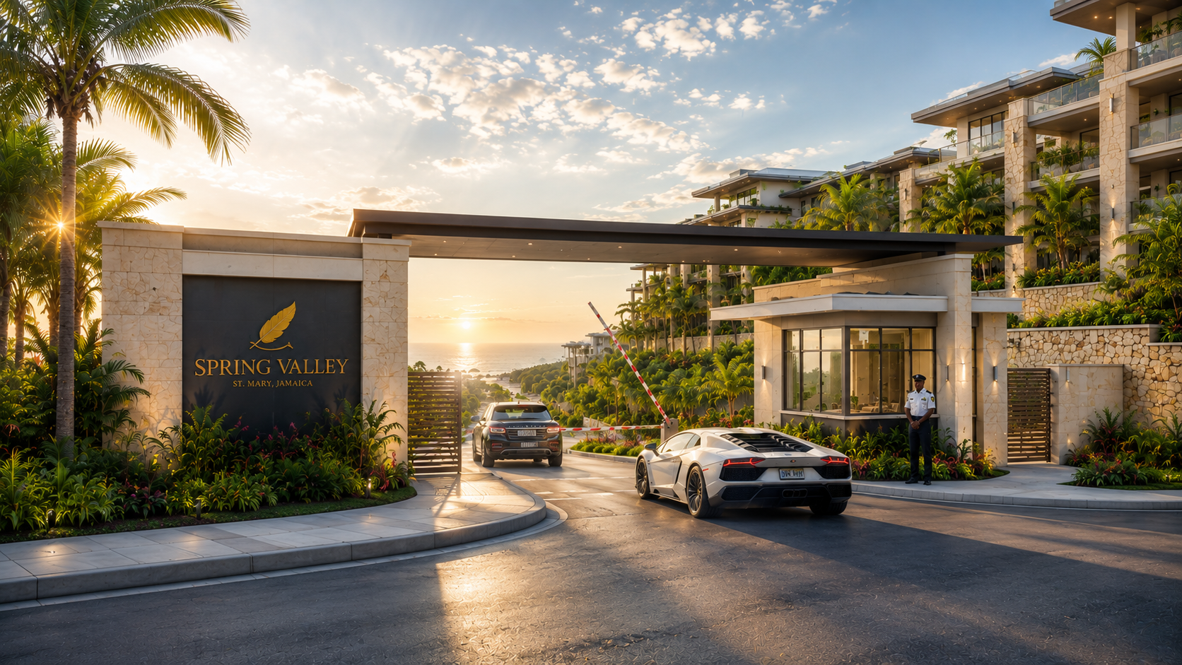 Spring Valley luxury gated entrance at golden hour